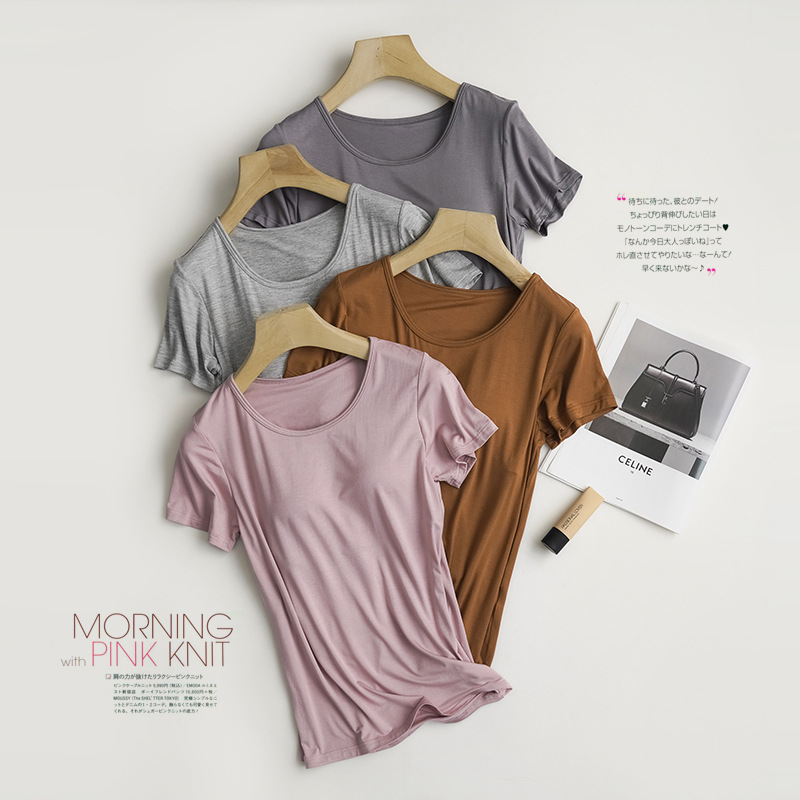 Modal Loose Large Size Short-Sleeved T-Shirt with Chest Pad for Women Bra-Free Cup All-In-One Half-Sleeved Yoga Base Wholesale