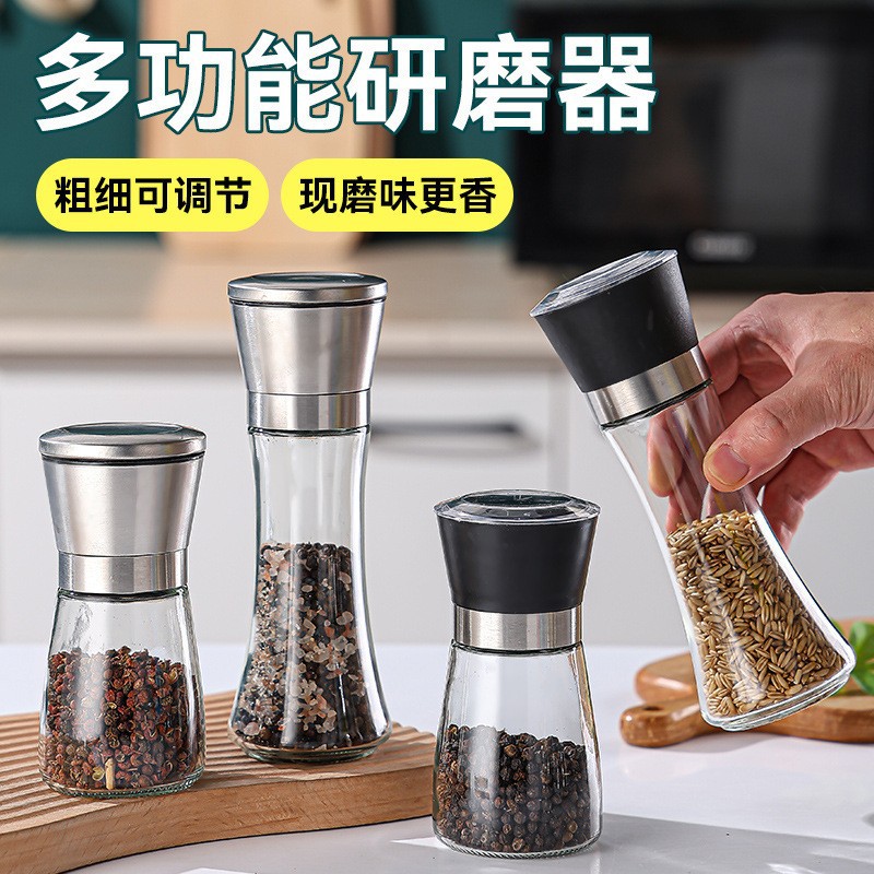 Cross-Border Manual Grinder Household Stainless Steel Kitchen Sea Salt Pepper Grinding Bottle Seasoning Bottle Sprinkling Glass Bottle