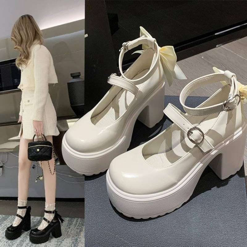 Hot Girl White High Heels Women's 2025 Spring New Waterproof Platform Heightening Sweet Bow Mary Jane Small Leather Shoes