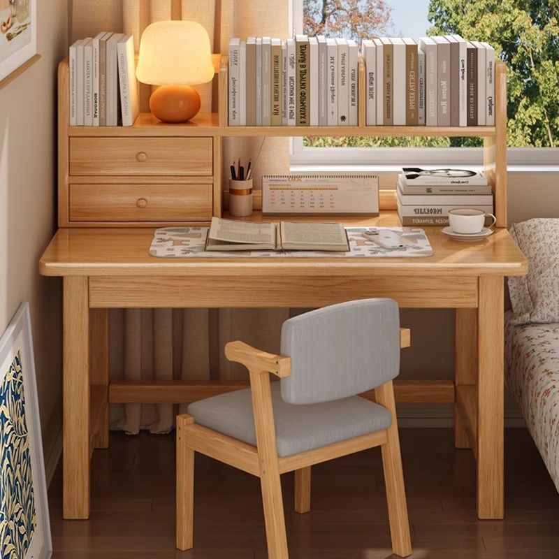 Solid Wood Desk, All Solid Wood Home Student Study Table, Simple Bookshelf Integrated Table, Small Apartment Wall Desk