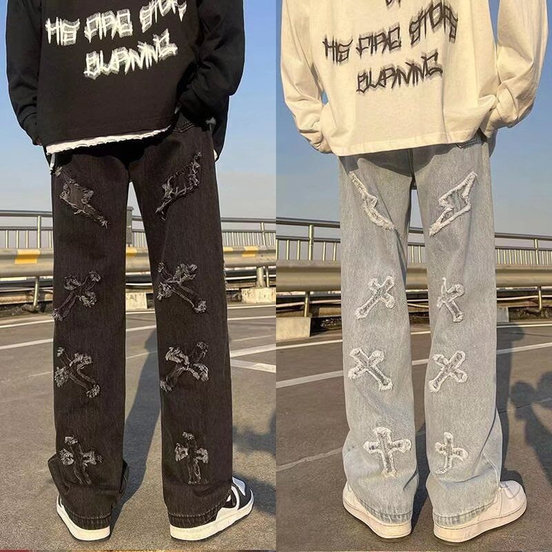 High Street American Style Patch Jeans Men's Trendy Brand Hip-Hop Pants with Flash Edge Design Sense Zipper Long Pants for Young Men