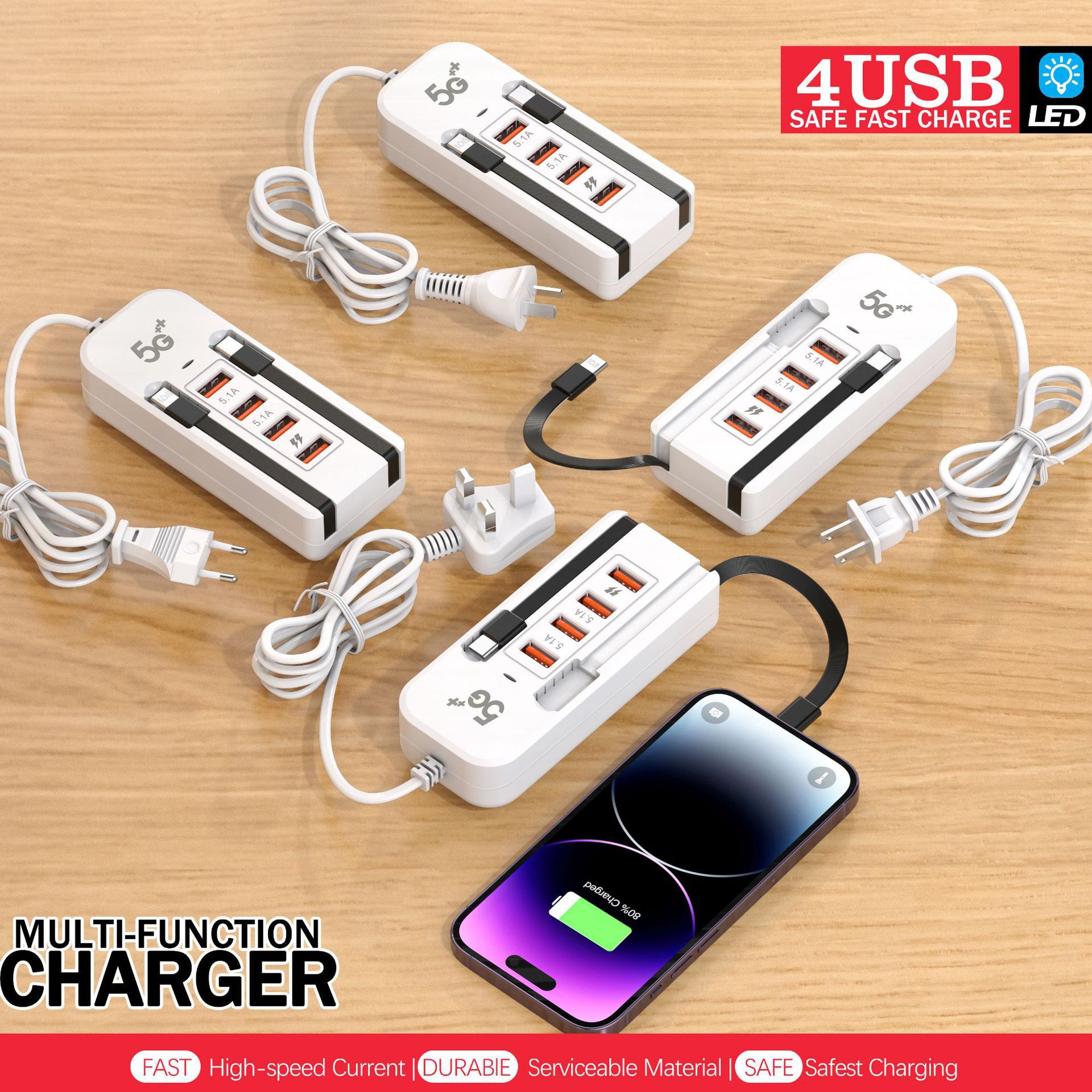 The new pd fast charging is suitable for Apple Android mobile phone multi-port usb plug charger dual-wire socket 6 in one