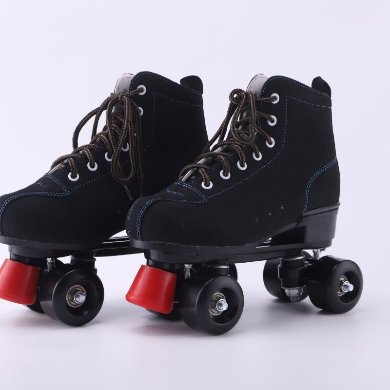 Boge adult double row skates four-wheel cowhide PU flash All Black Roller Skates roller skates special offer