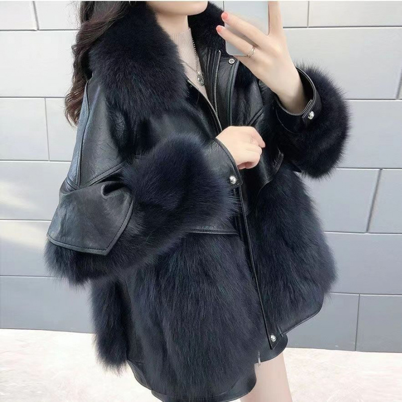 New Haining Pipi Anti-Fox Fur Ladylike Mid-Length Outwear Women's down Jacket Black Light Apricot