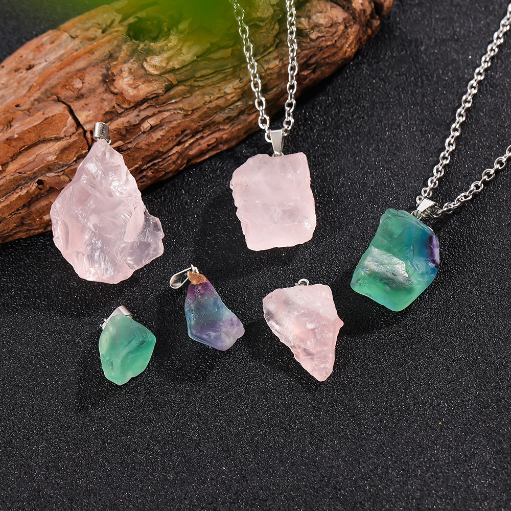 Natural Asymmetrical Crystal Raw Stone Gravel Pendant European and American DIY Jewelry Rose Quartz Necklace Crystal Pendant Wholesale