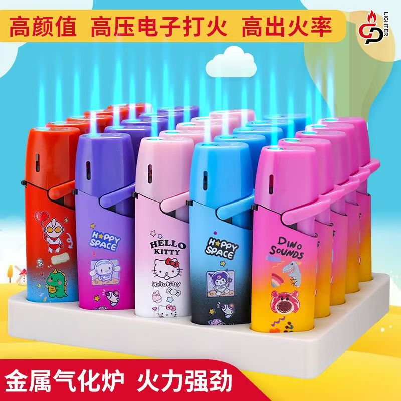 New explosion-proof windproof lighter cartoon pattern metal rocker inflatable lighter blue flame for boyfriend