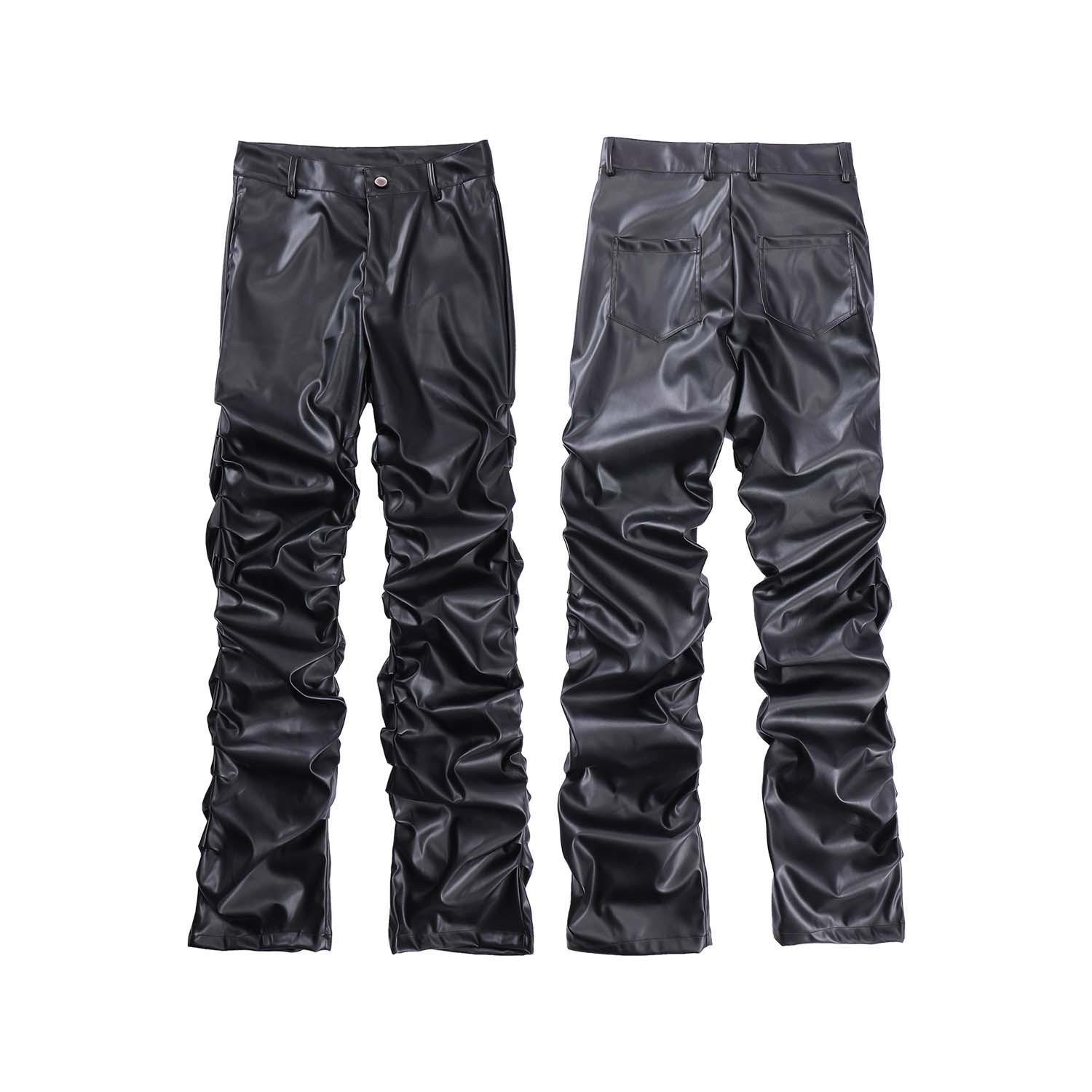 Dark Punk Niche Design Glossy Pleated Pu Leather Pants for Men Ins National Trend Hip-Hop Loose Casual Pants