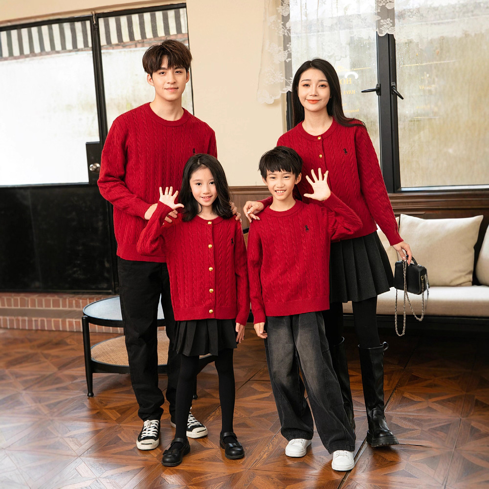 2025 новая мода корейский стиль праздничный красный семейный свитер с круглым вырезом, утолщенный кардиган с длинным рукавом для детей
