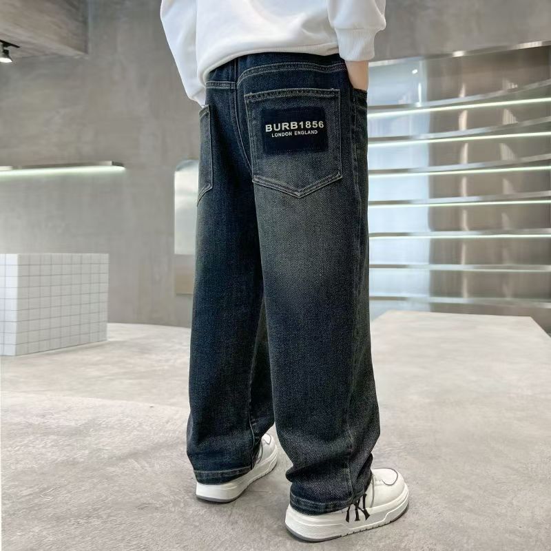Autumn and Winter New Boys' Fleece-Lined Thickened Jeans, Loose Long Pants for Older Children, Elementary School Students, Children's Pants for Spring and Autumn