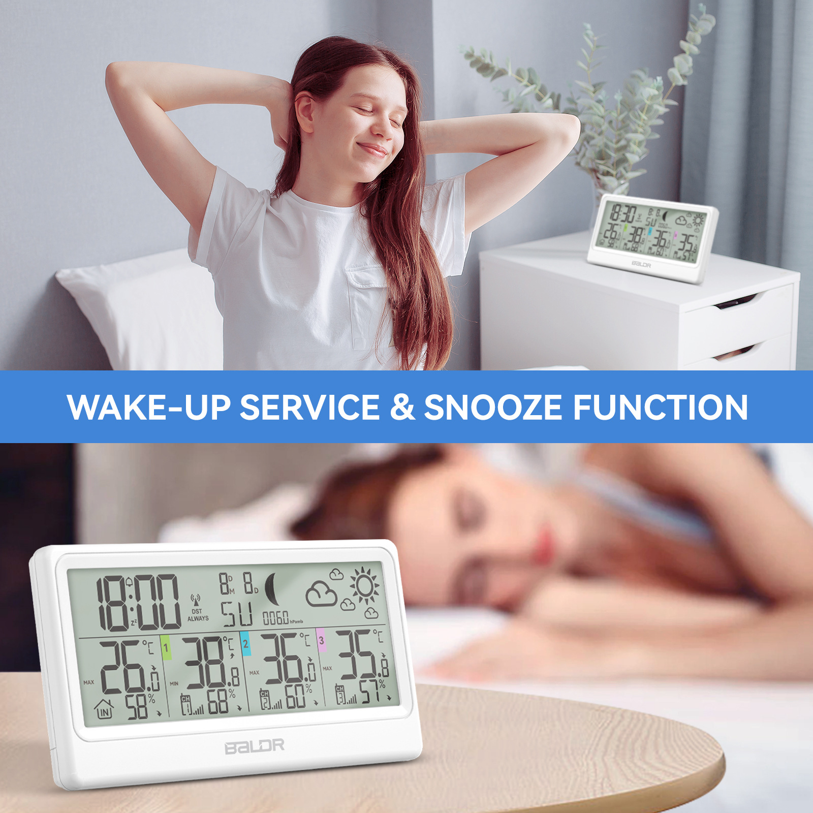 BALDR three-channel wireless temperature and humidity meter alarm clock moon phase pressure and other functions