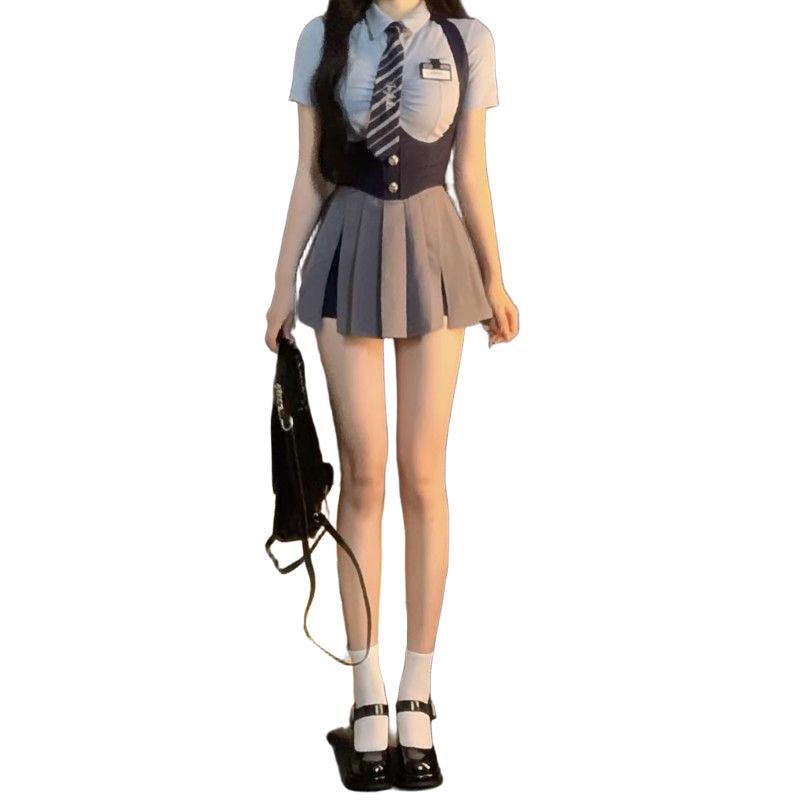 College Style Jk Uniform Suit Pleated Shirt High Waist Contrasting Color Stitching Suspender Skirt Western Style Slimming Look Suit Summer Women