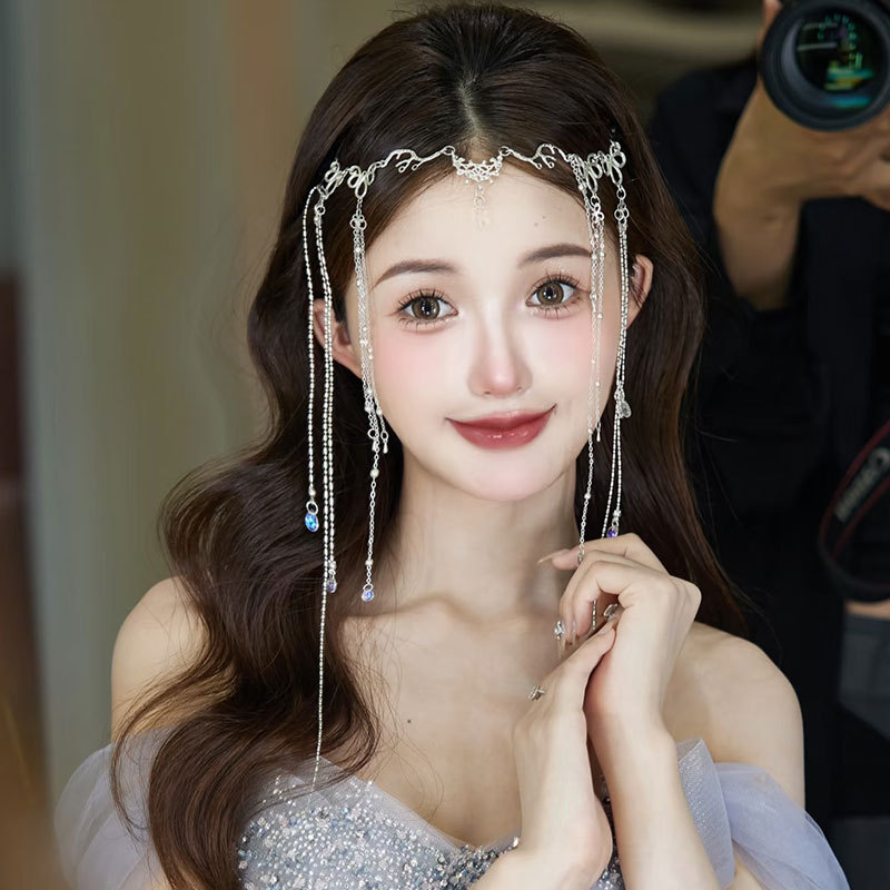 Vintage Water Drop Tassel Hairpin with Face Curtain and Forehead Decoration for Hanfu Traditional Style Hair Accessories