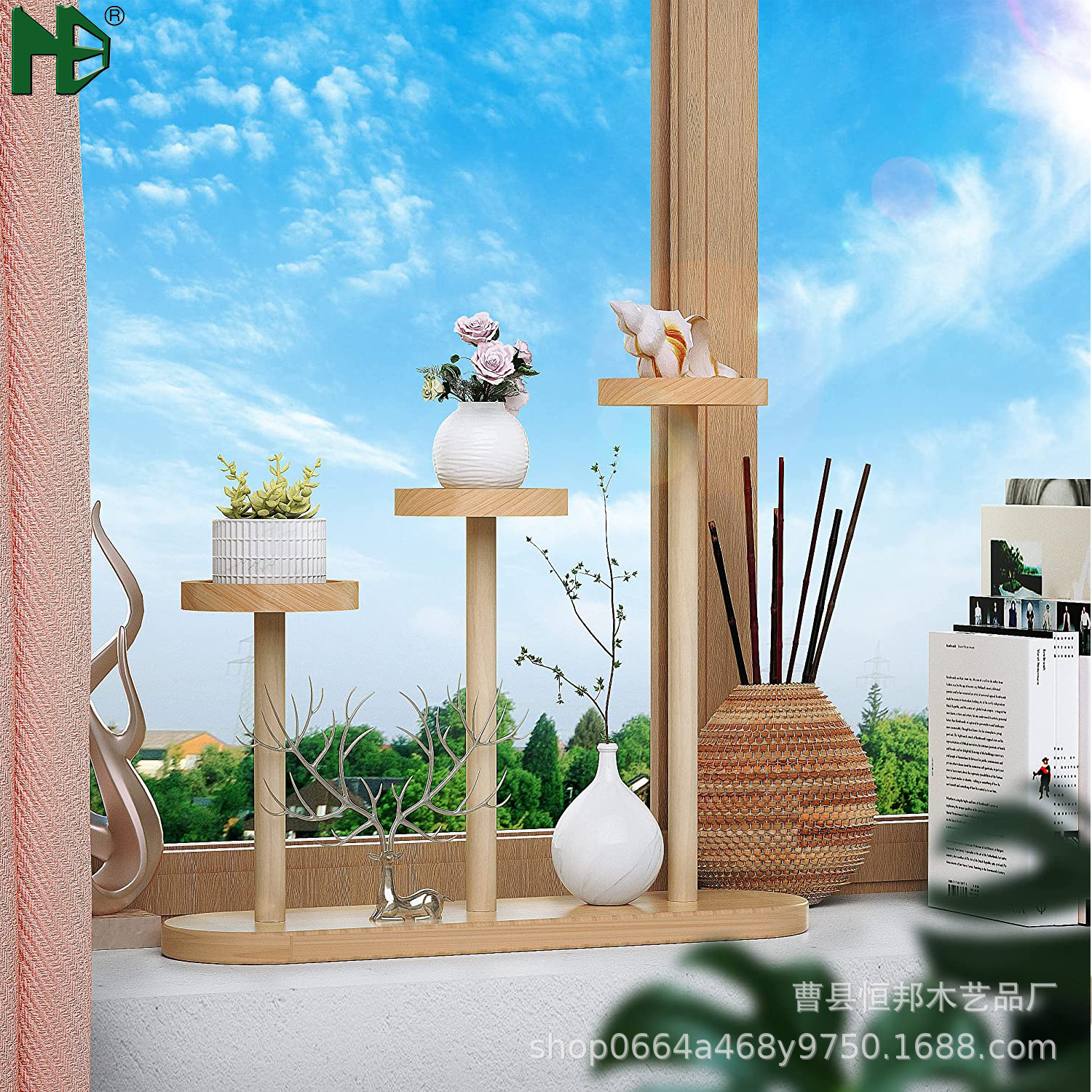 Wooden Desktop Flower Rack Balcony Bay Window Meat Rack Office Desk Mini Flower Pot Rack Decorative Rack Multi-Layer Storage Rack