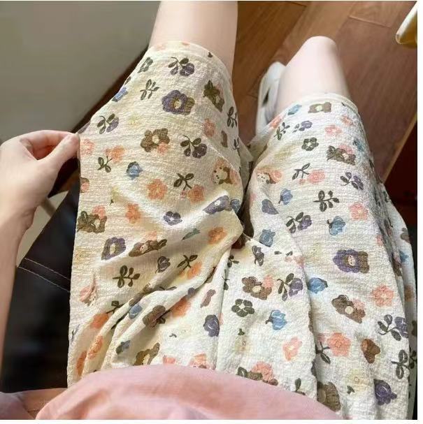 Summer Floral Shorts Women's Pajamas Ins Style Sports High Waist Wide Leg Thin Casual Loose Home Pants Walking Pants