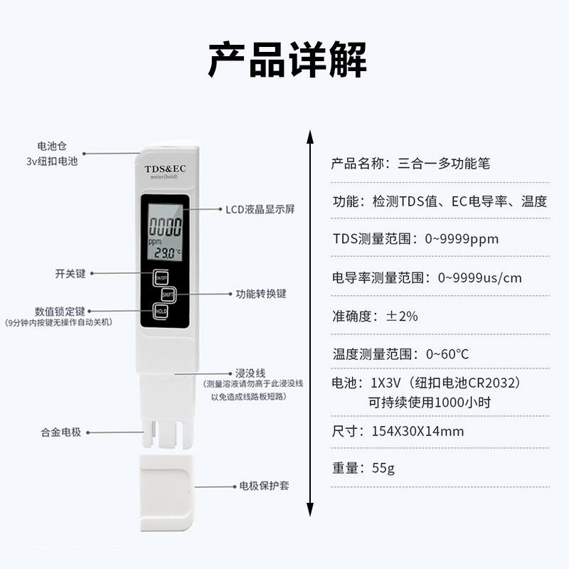 Three-In-One Tds Water Quality Testing Pen Popular Spot Ec Water Quality Test Pen Factory Wholesale Multi-Functional Tds Pen