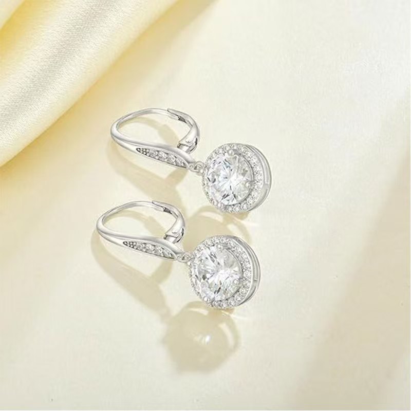 925 Silver French Buckle Earrings European and American Luxury Moissanite Round Bag Fashion Classic High-End Four-Claw Ear Hook Cross-Border