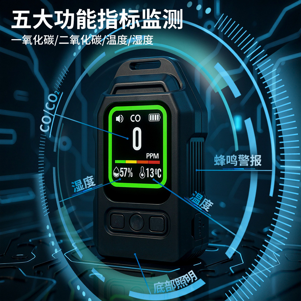 Gas Detector Cross-Border Magnetic Portable Oxygen Carbon Dioxide Temperature and Humidity Monitoring Concentration Lighting Alarm