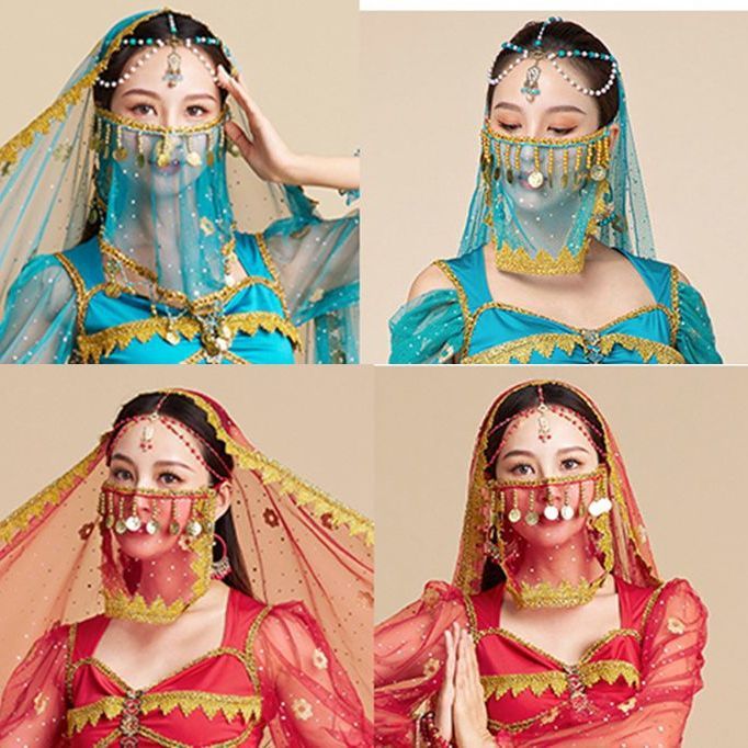 Indian Dance Performance Belly Dance Kidsren's Ethnic Style Retro Tassel Gauze Mask Practice Exotic Veil