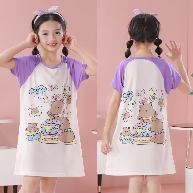 Детская ночная рубашка девочек пижама летняя с коротким рукавом тонкая корейский стиль мультяшная для девочек среднего и большого размера домашняя одежда летняя