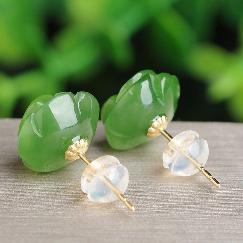 New Green Jade Authentic Women's Jade Rose Flower Earrings Women's 925 Sterling Silver Retro Style Earrings