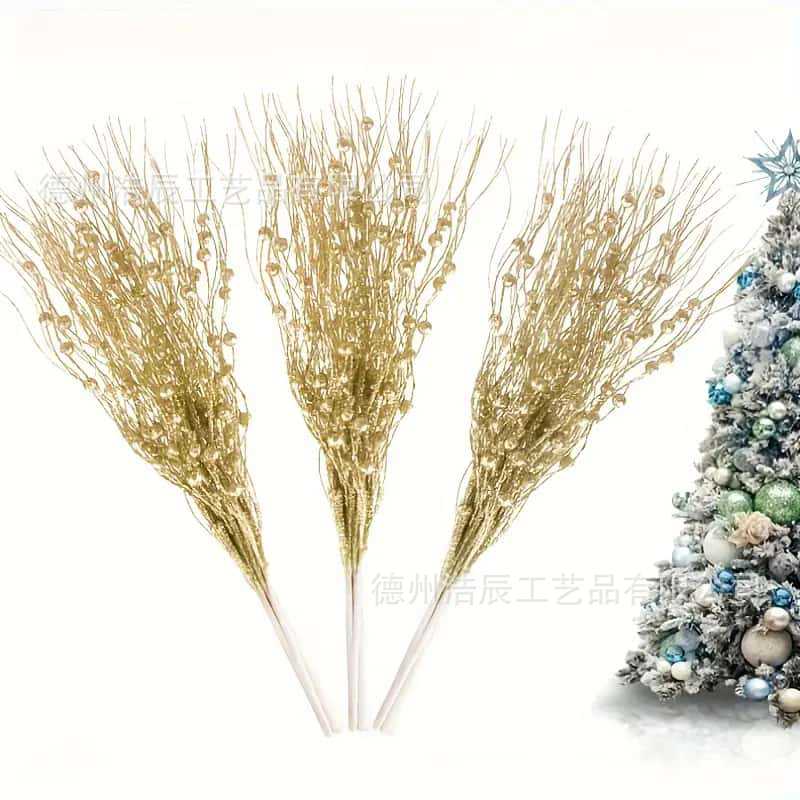 Cross-Border Popular Curved Ribbon Fruit Berry Stem Christmas Gold Powder Cutting Accessories Holiday Celebration Christmas Artificial Flowers Wholesale