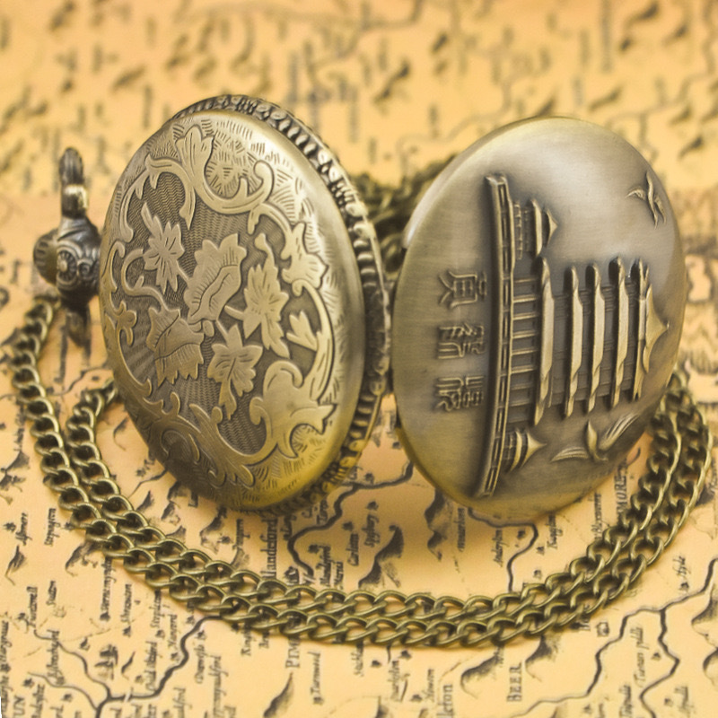 Vintage Flip Pocket Watch Tourist Souvenir Yellow Crane Tower Quartz Watch Students Nostalgic Gift Large Bronze Hanging Watch