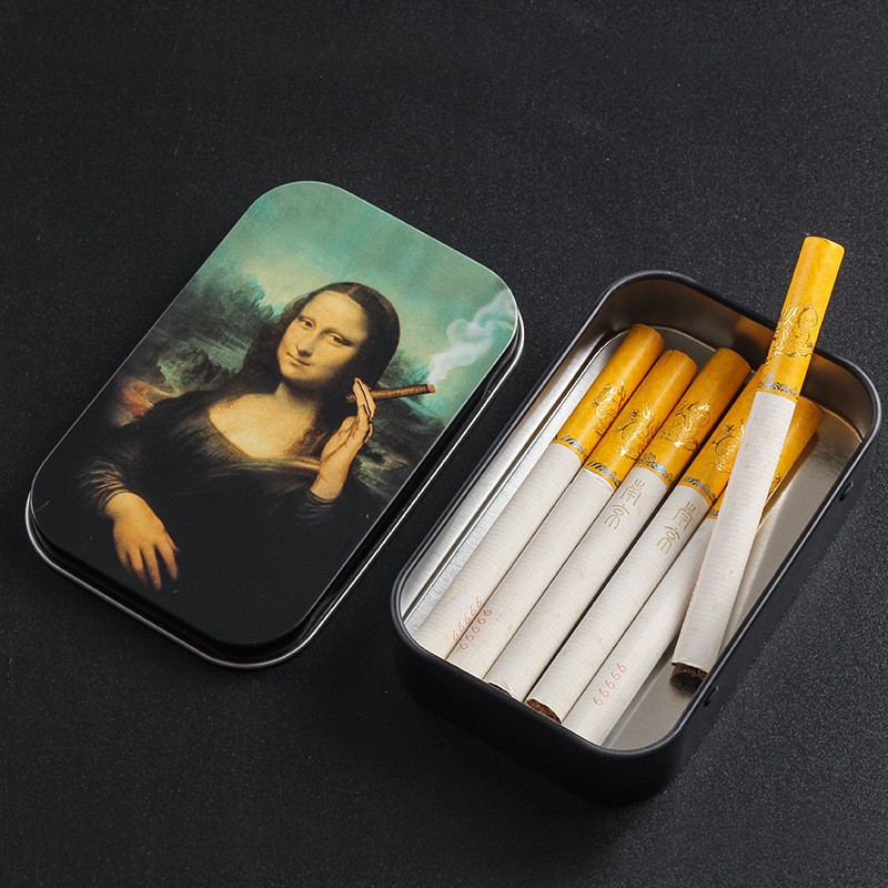 Cross-border Direct Supply Mona Lisa Tinplate Tobacco Box Portable Moisturizing Sealed Metal Storage Box Creative Cigarette Box