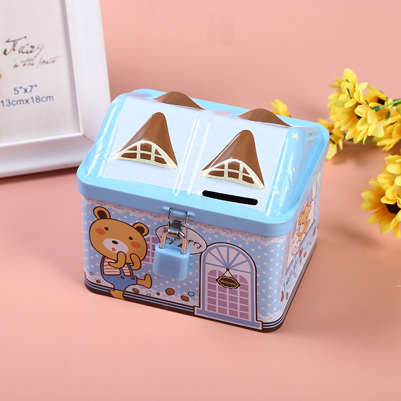 Korean style cartoon creative house piggy bank tinplate with lock piggy bank children's large capacity toy storage box