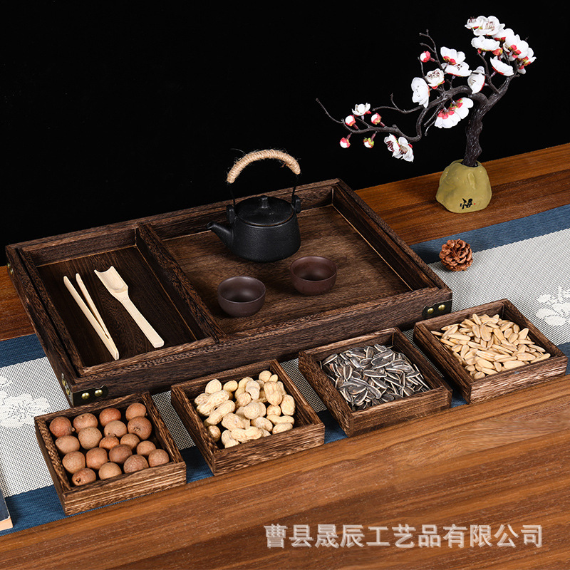 Solid Wood Tray for Making Tea Around the Stove, Burning Paulownia Wood Seven-Piece Set, Retro Color Tea Set, Packaging Tray, Zen Tea Ceremony Tea Tray