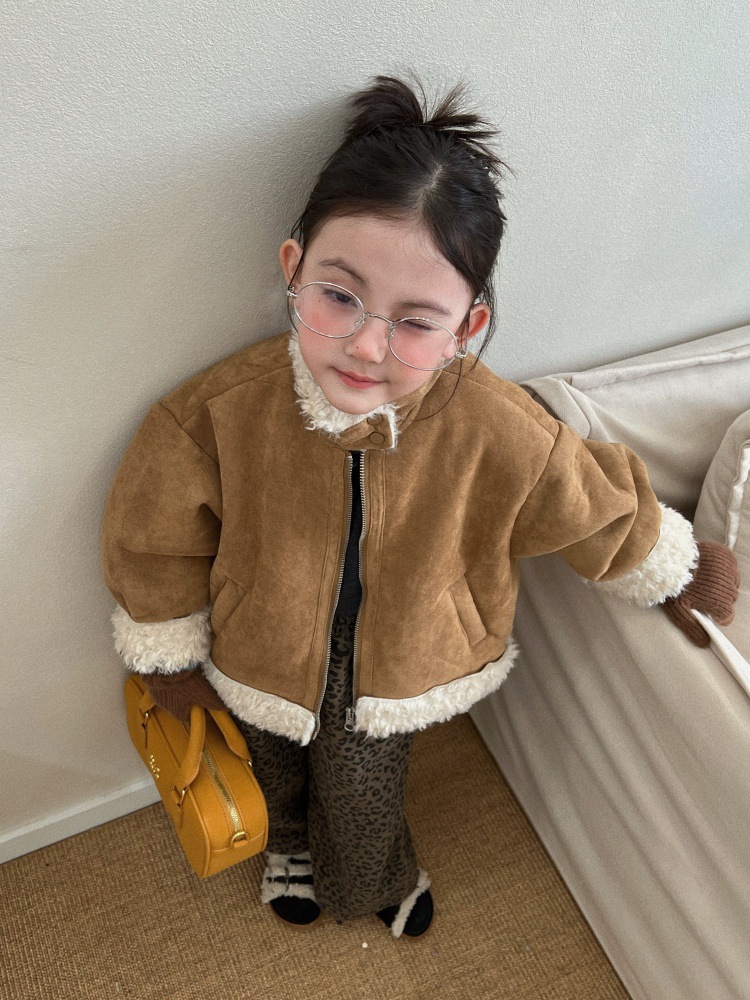 童外套2025冬季新款女童韩系鹿皮绒皮毛一体立领短款慵懒风机车服