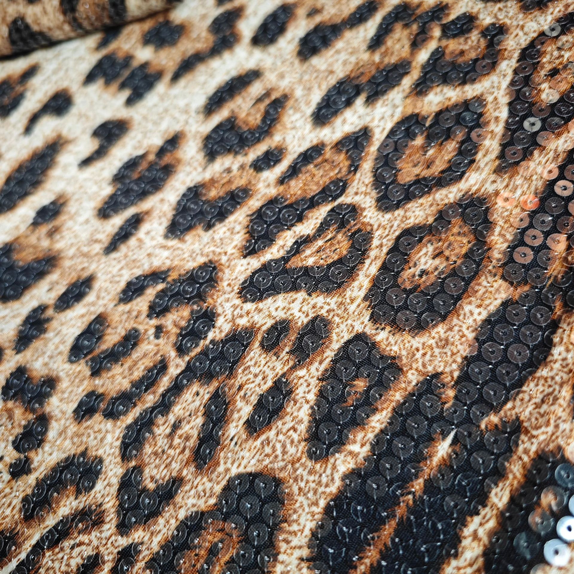 Ice Silk Leopard Print Sequin Embroidery Fabric Printed Leopard Print Knit Base Fashion Dress Wedding Dress Fabric