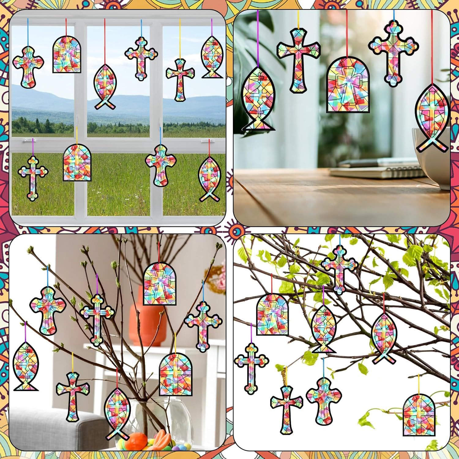 32Pcs Cross Shape Suncatcher Paper Art Set DIY Cross Shape Stained Glass Decoration