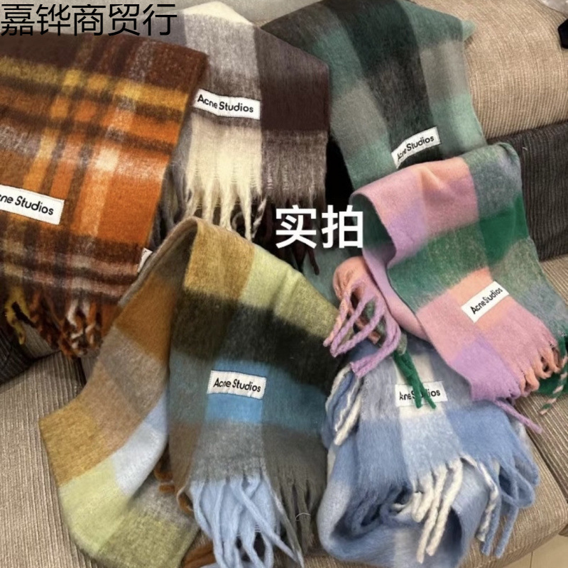 Autumn and Winter New Thickened Warm Rainbow-Colored Plaid Scarf European and American Loop Yarn Thick Tassel Color-Blocking Shawl