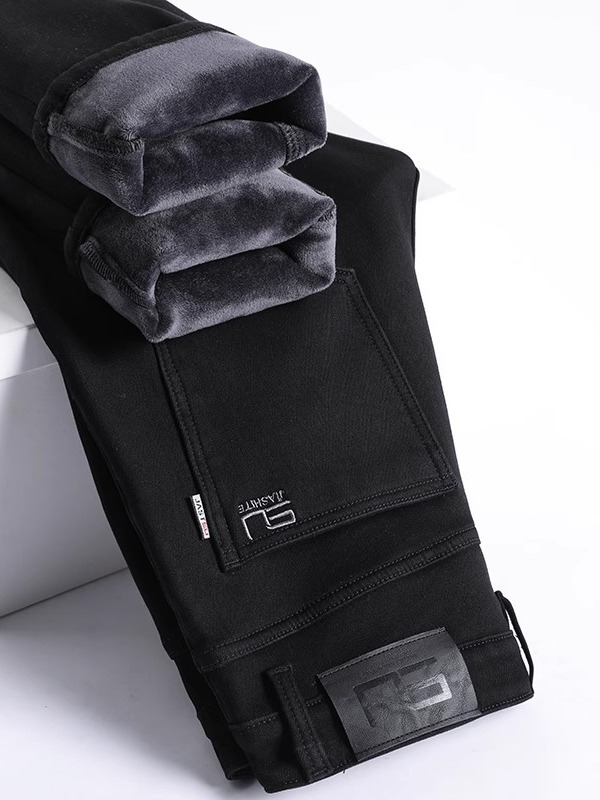 Fleece-lined thick jeans men's winter New straight loose autumn and winter casual stretch long pants men's