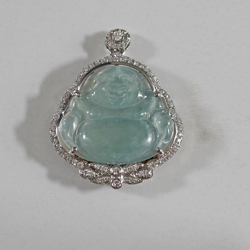 Подвеска из платины Pt950 с культивированным бриллиантом, улыбающаяся Будда из нефрита, инкрустированная полным бриллиантом