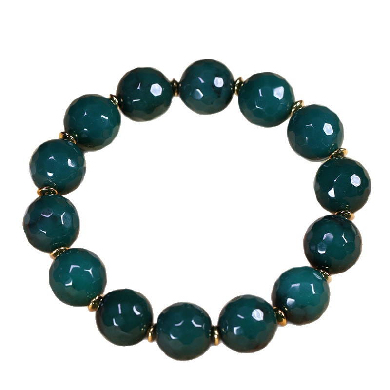 5A Grade Natural Raw Mineral Green Agate Chalcedony Multi-Faceted Agate Bracelet Buddha Beads Round Bead Single Circle Bracelet 14mm