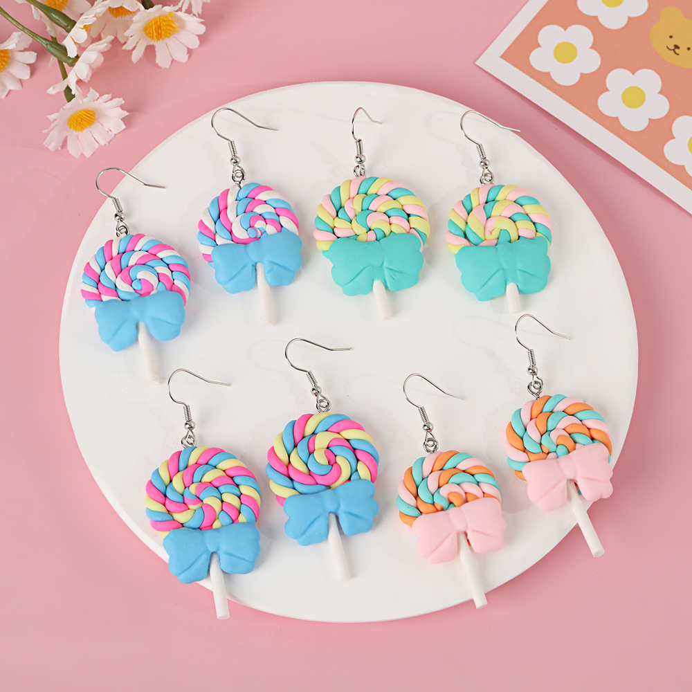 Colorful Bow Lollipop Ear Hooks Artificial Food Toy Cream Glue Soft Pottery Earrings Little Girl Sweet Earrings Jewelry
