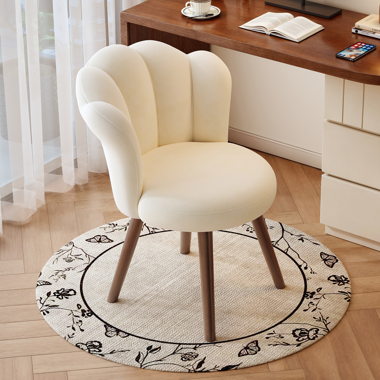 Makeup Chair Girl's Bedroom Master Bedroom Internet-famous Dressing Table Stool Petal Chair Simple Solid Wood Leg Swivel Backrest Dressing Chair