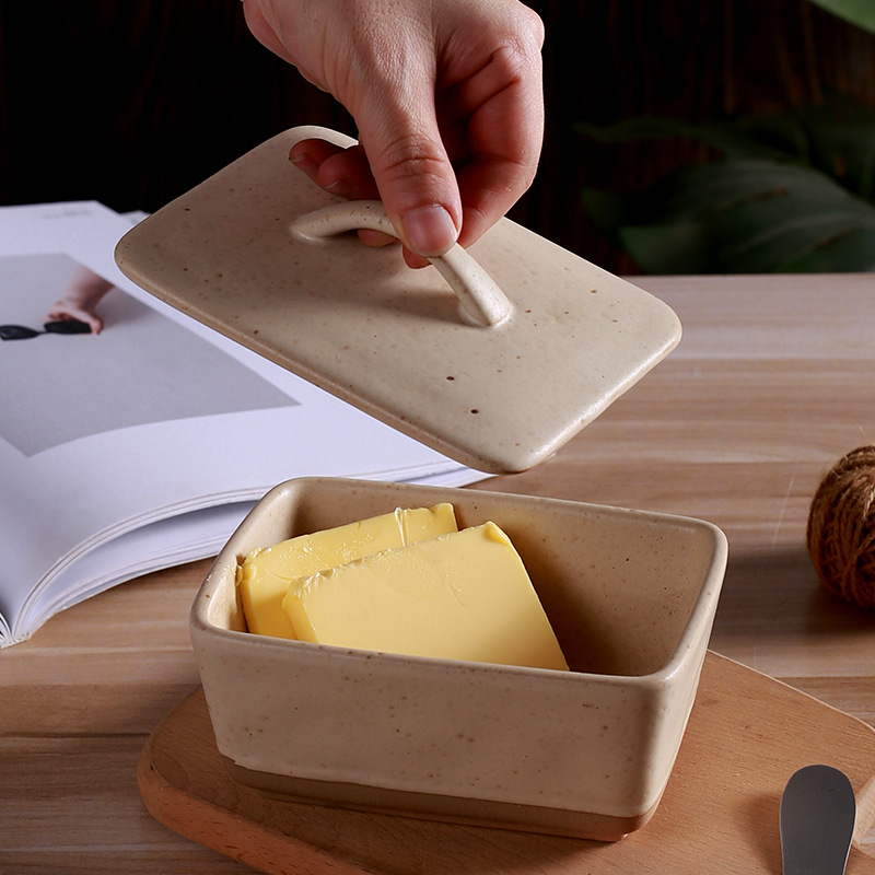 New cross-border retro creative ceramic butter box with lid plate square cream box western butter box in stock wholesale