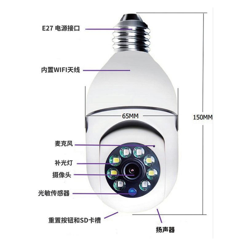 Factory Hot-Selling Wireless Panoramic Light Bulb Camera E27 Light Bulb Camera with Night Vision Dual Light 360-Degree Smart Monitoring