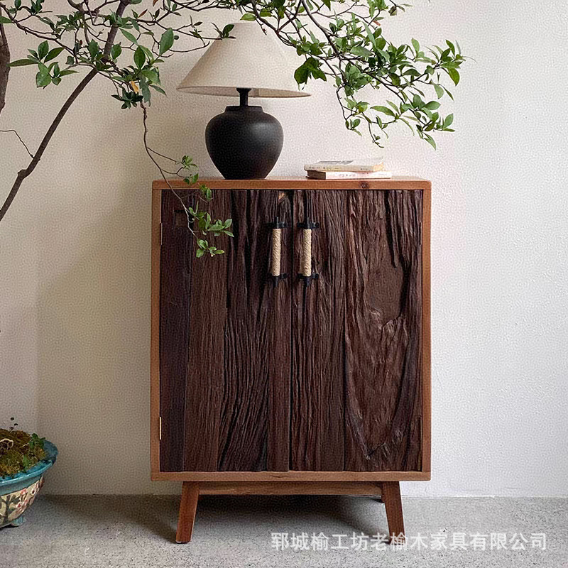 Шкаф для входа в стиле Wabi-Sabi, массивное дерево, старый вяз, винтажный буфет, шкаф для хранения чая