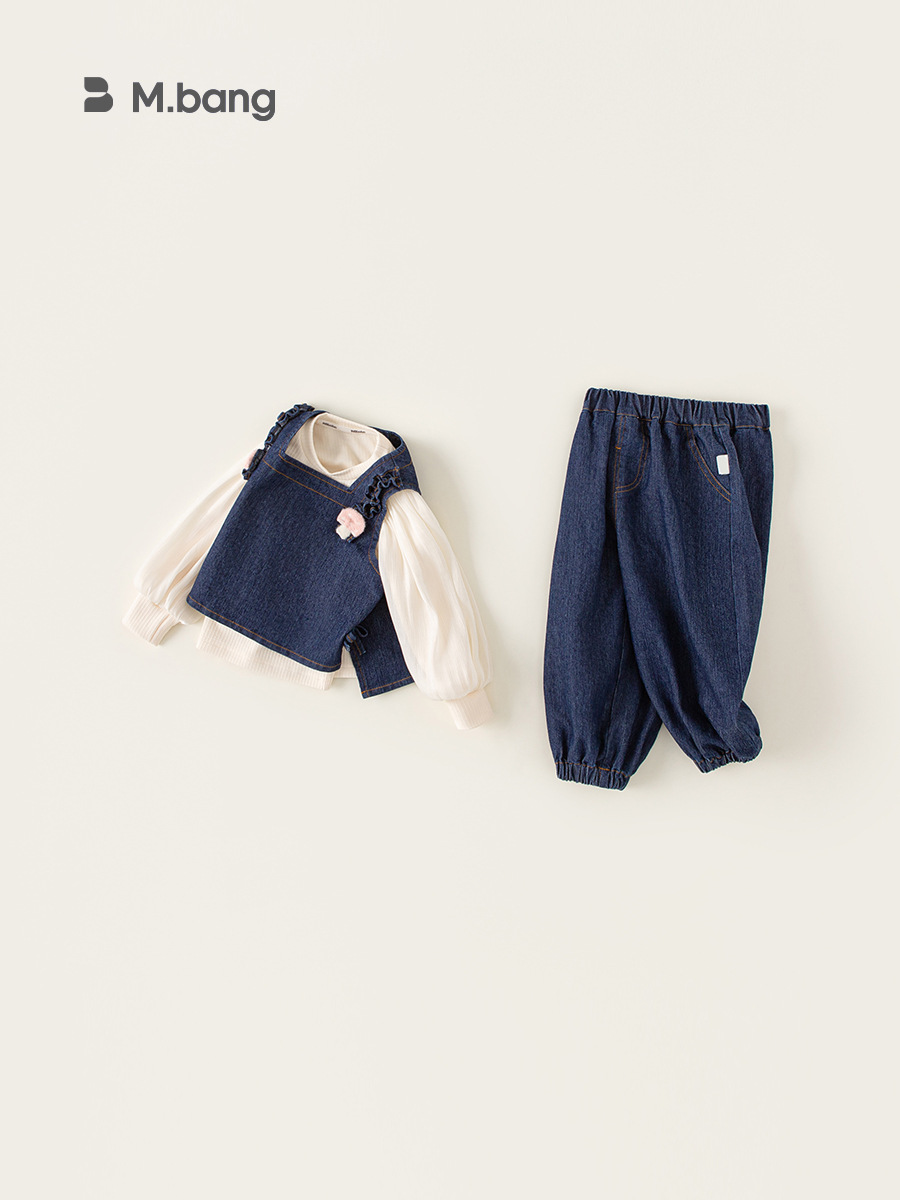 Bong Selected Girls Autumn New Sweet suit Children's Ear-rimmed Vest Bubble Sleeve Inner Jeans Three-piece Set