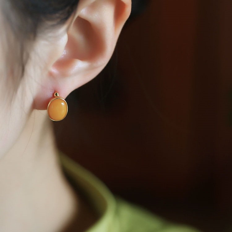Natural Chicken Oil Yellow Beeswax Earrings Sterling Silver Gold-Plated Earrings for Women High-End Gold Inlaid Jade Earrings Earrings Earrings
