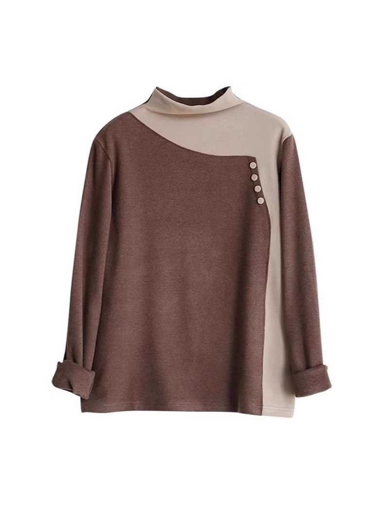 Autumn and Winter Popular Mother's Clothing, Velvet Fleece-Lined Half Turtleneck Color Matching Top, Buttons Decorated to Enhance the Sense of Luxury