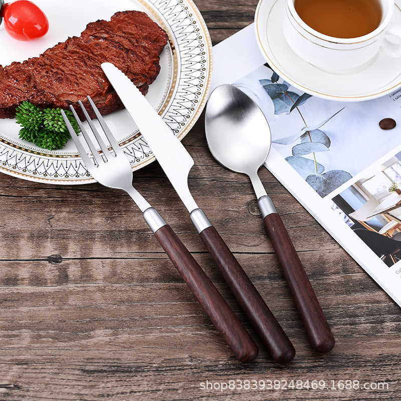 Imitation walnut wooden handle simple texture stainless steel spoon fork set household western food spoon high value tableware