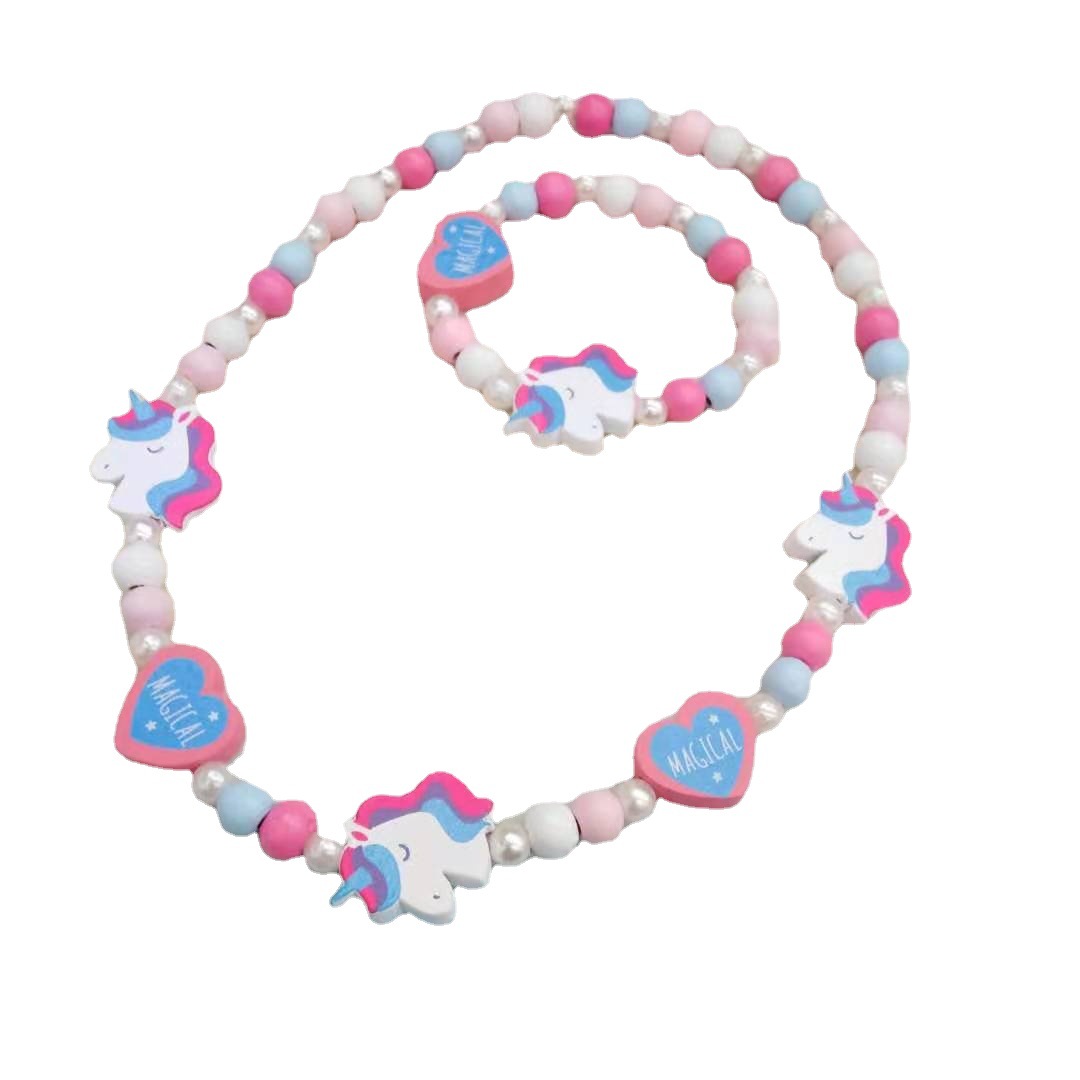 Cross-Border Children's Wooden Craft Jewelry Cartoon Creative Bracelet Necklace Set DIY Beading Wholesale Children's Educational Toys