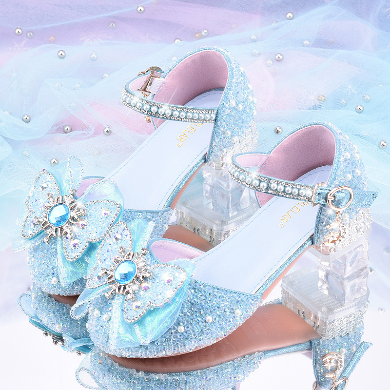 Girls Crystal Princess Shoes White Kidsren's High Heels Model Catwalk Piano Host with Dress Performance Single Leather Shoes