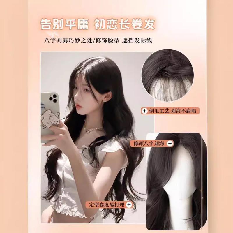 Wig Women's Long Hair Fake Hair Full Human Hair Eight-character Bangs Long Curly Hair with Big Wave Wig Full Head Cover Women