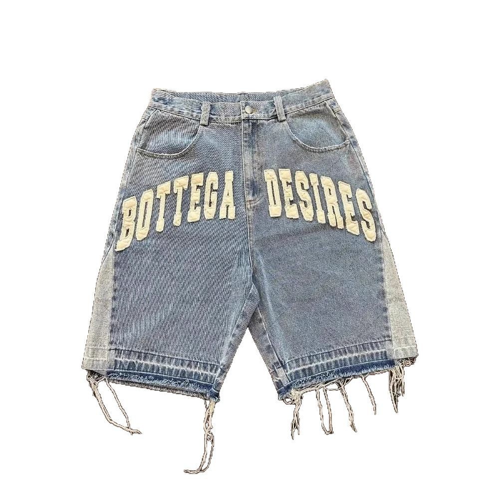 Cross-Border European and American Trendy Brand Embroidered Denim Shorts Men's High Street Retro Bone Embroidery Loose Casual Mid-Pants