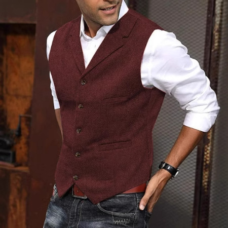 Men's Business Woolen Suit Vest Fashion British Retro Herringbone Vest Boutique Fit Slim Vest 1